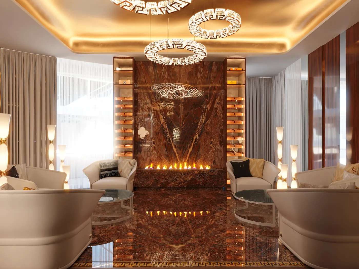 Living com mobiliário e acabamentos Versace Home