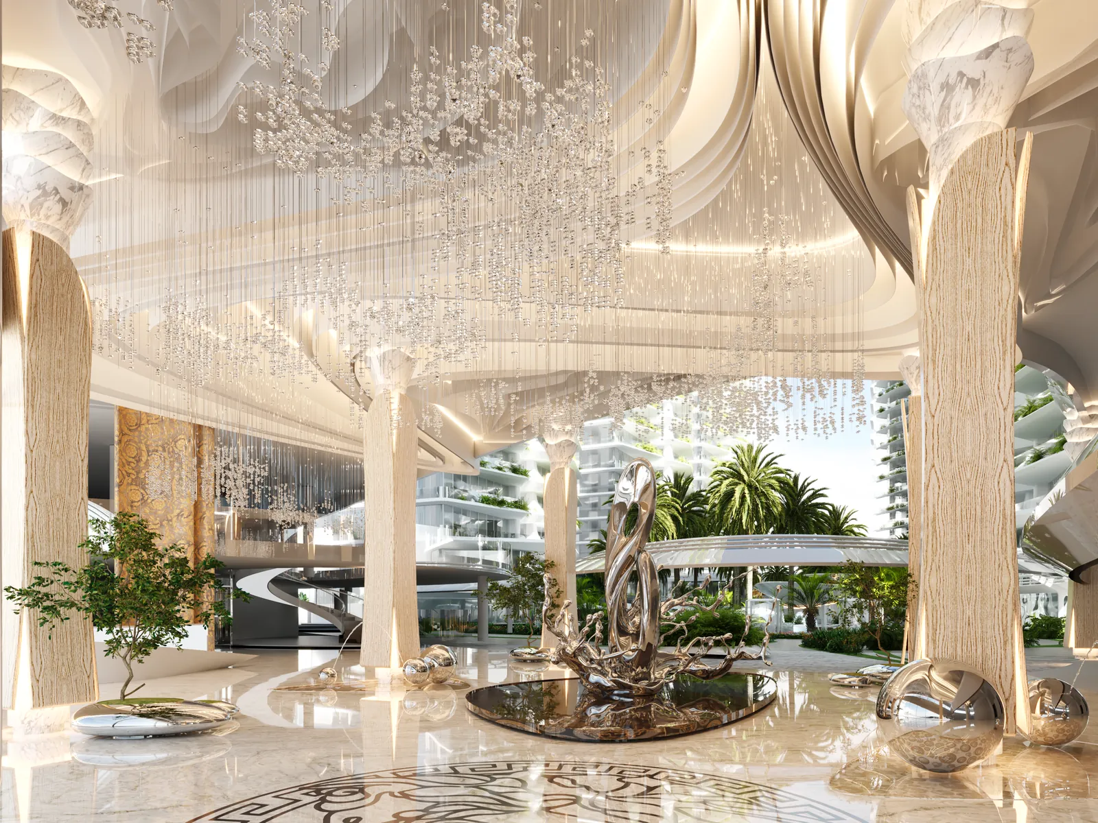Lobby do Atmosphere com lustre de cristais e mosaico Medusa no piso