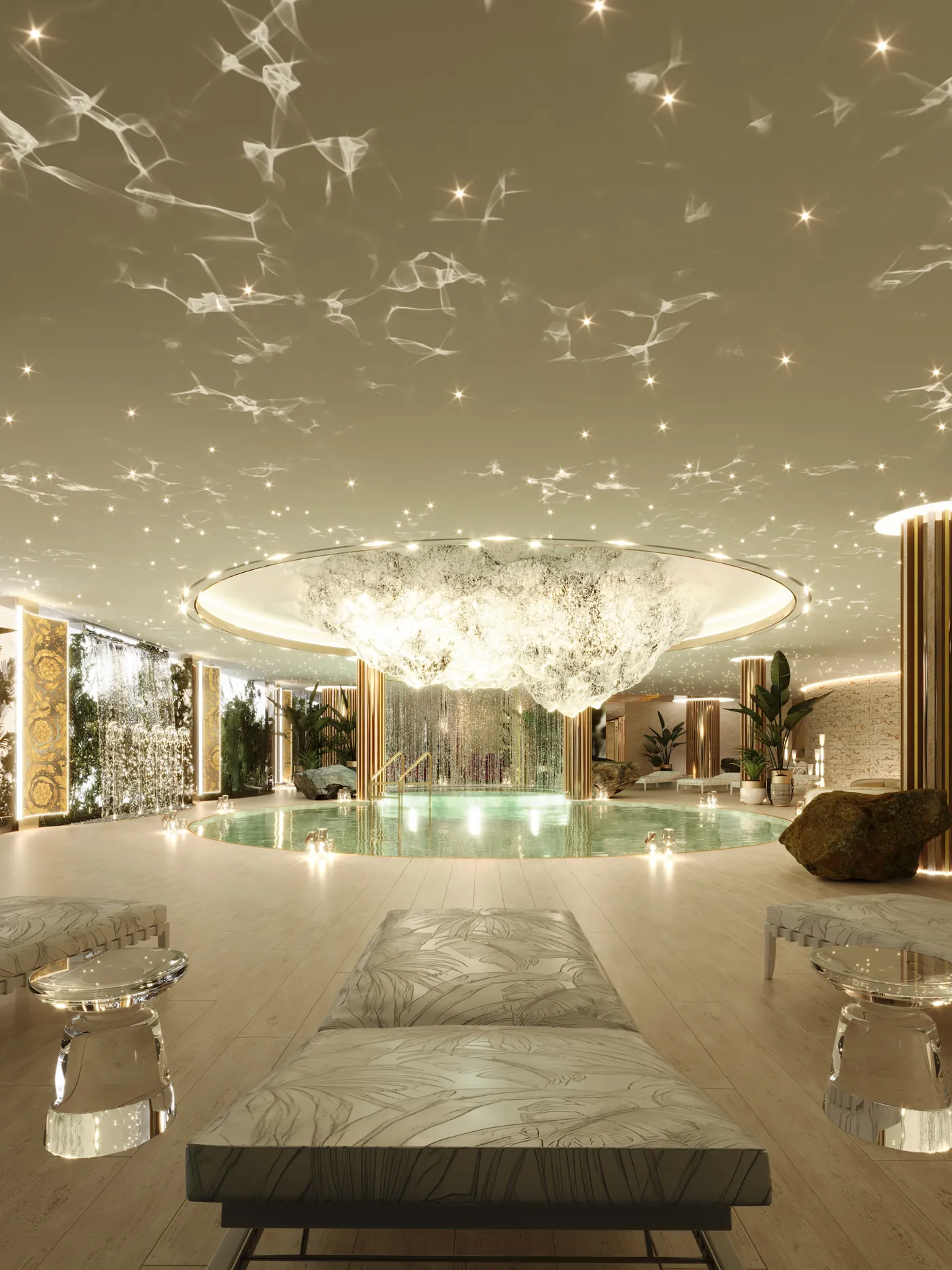 Sala de relaxamento do spa com teto estrelado