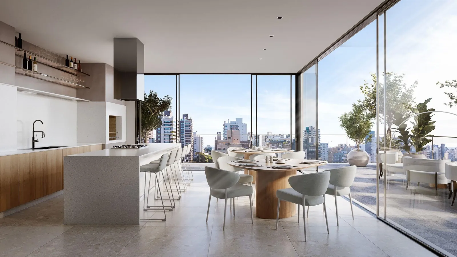 Living integrado à cozinha com vista panorâmica